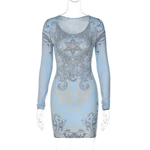 European and american women's clothing2023Autumn New Fashion Beautiful Printing Shiny Rhinestone Long Sleeve Narrow Dress for Women Wholesale