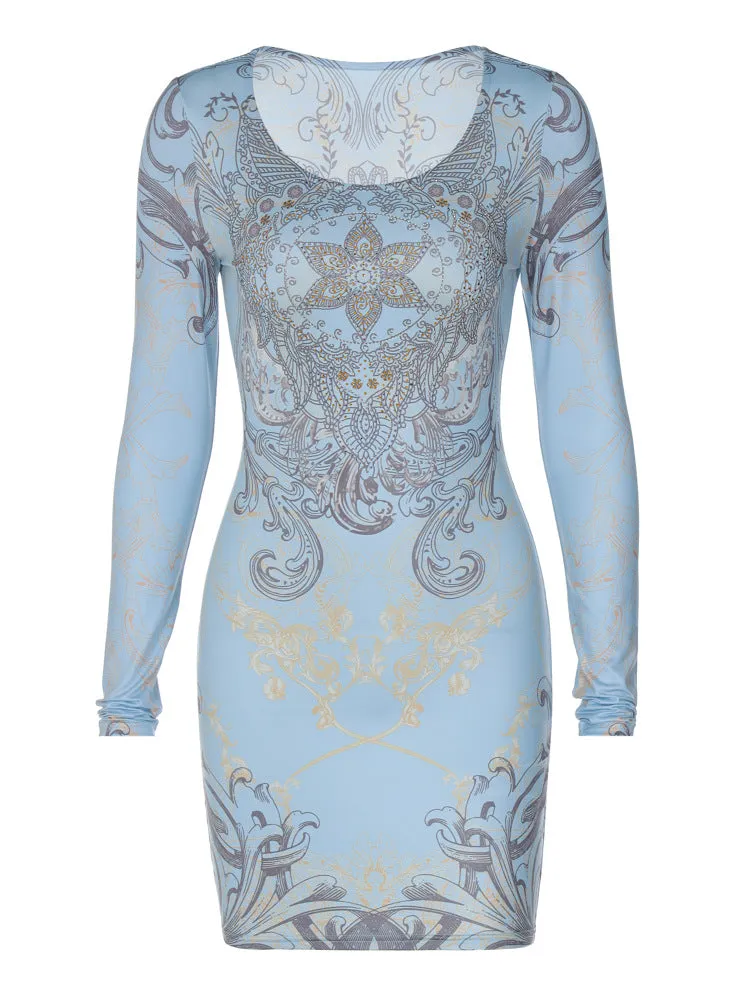 European and american women's clothing2023Autumn New Fashion Beautiful Printing Shiny Rhinestone Long Sleeve Narrow Dress for Women Wholesale