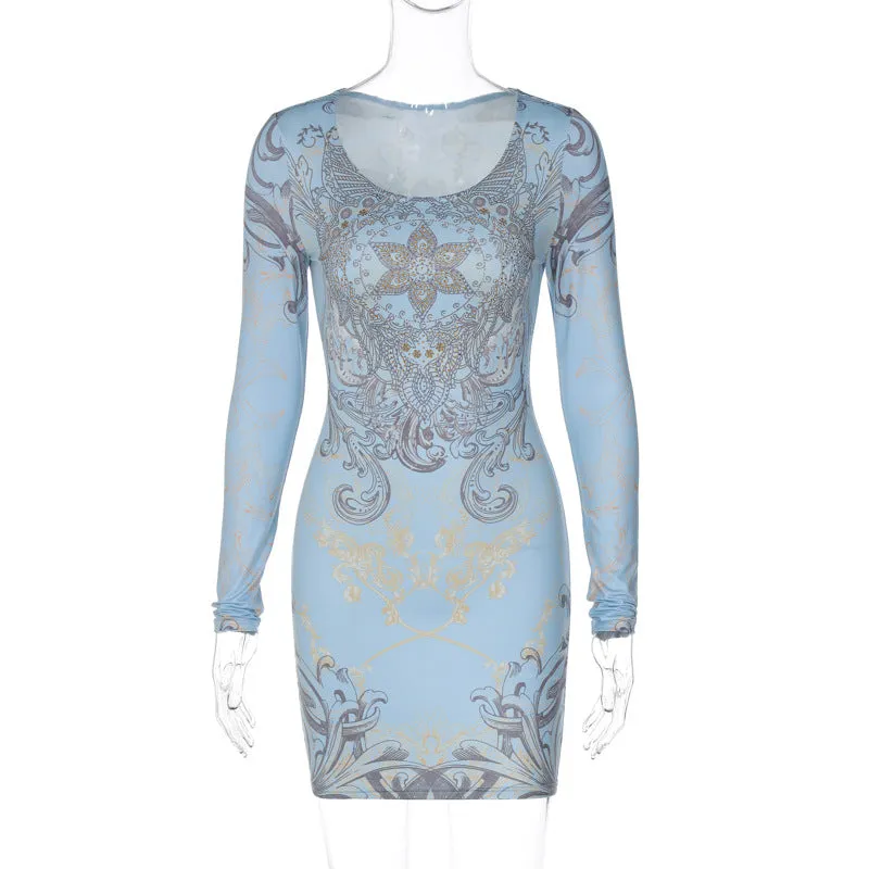 European and american women's clothing2023Autumn New Fashion Beautiful Printing Shiny Rhinestone Long Sleeve Narrow Dress for Women Wholesale