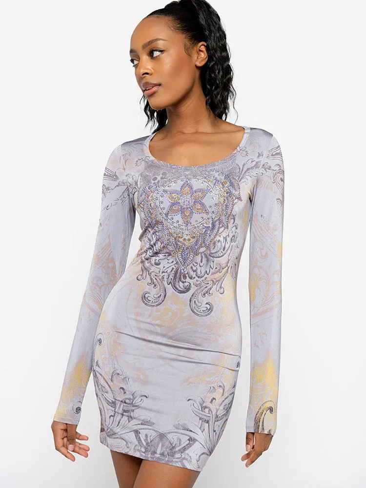 European and american women's clothing2023Autumn New Fashion Beautiful Printing Shiny Rhinestone Long Sleeve Narrow Dress for Women Wholesale