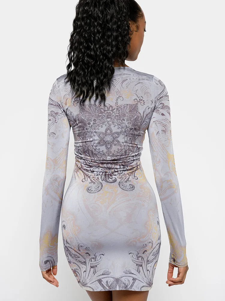 European and american women's clothing2023Autumn New Fashion Beautiful Printing Shiny Rhinestone Long Sleeve Narrow Dress for Women Wholesale