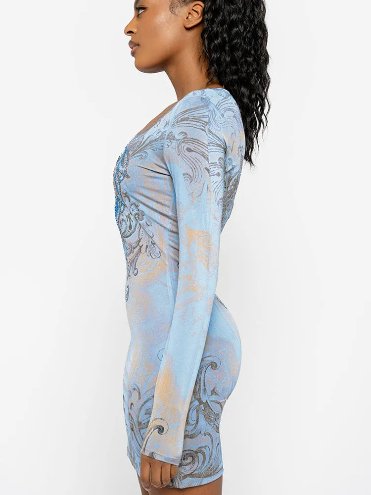 European and american women's clothing2023Autumn New Fashion Beautiful Printing Shiny Rhinestone Long Sleeve Narrow Dress for Women Wholesale