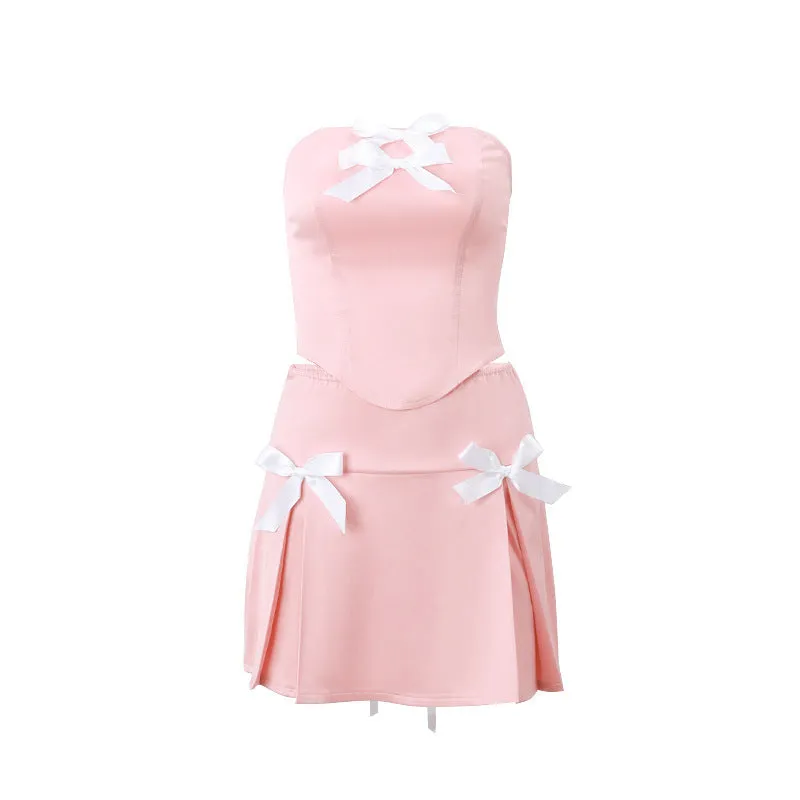 European and american women's clothing2023Autumn New Sweet and Spicy Style Sexy Bow Lace-up Tube Top VestAWomen's Skirt Suit