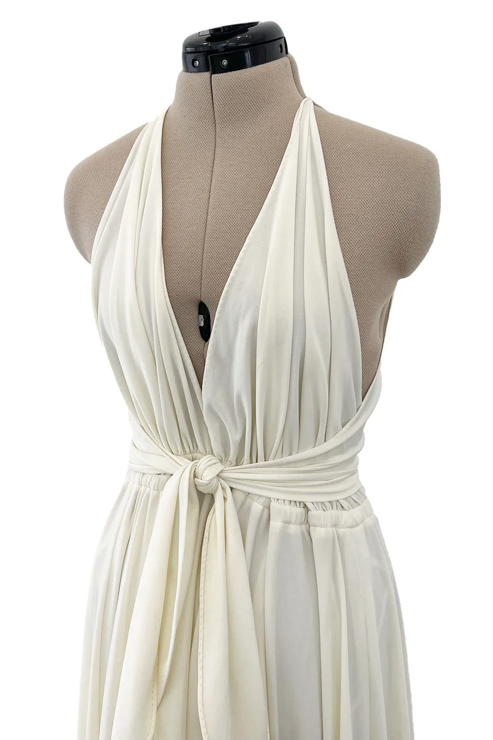 Faboulous 1970s Halston Ivory Jersey Dress W Plunged Front Full Skirt & Tie Waist