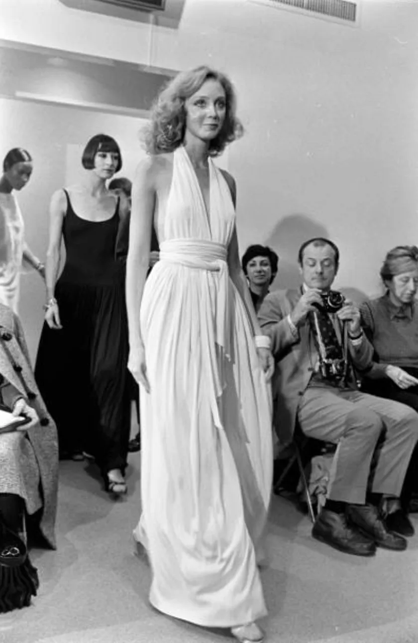 Faboulous 1970s Halston Ivory Jersey Dress W Plunged Front Full Skirt & Tie Waist