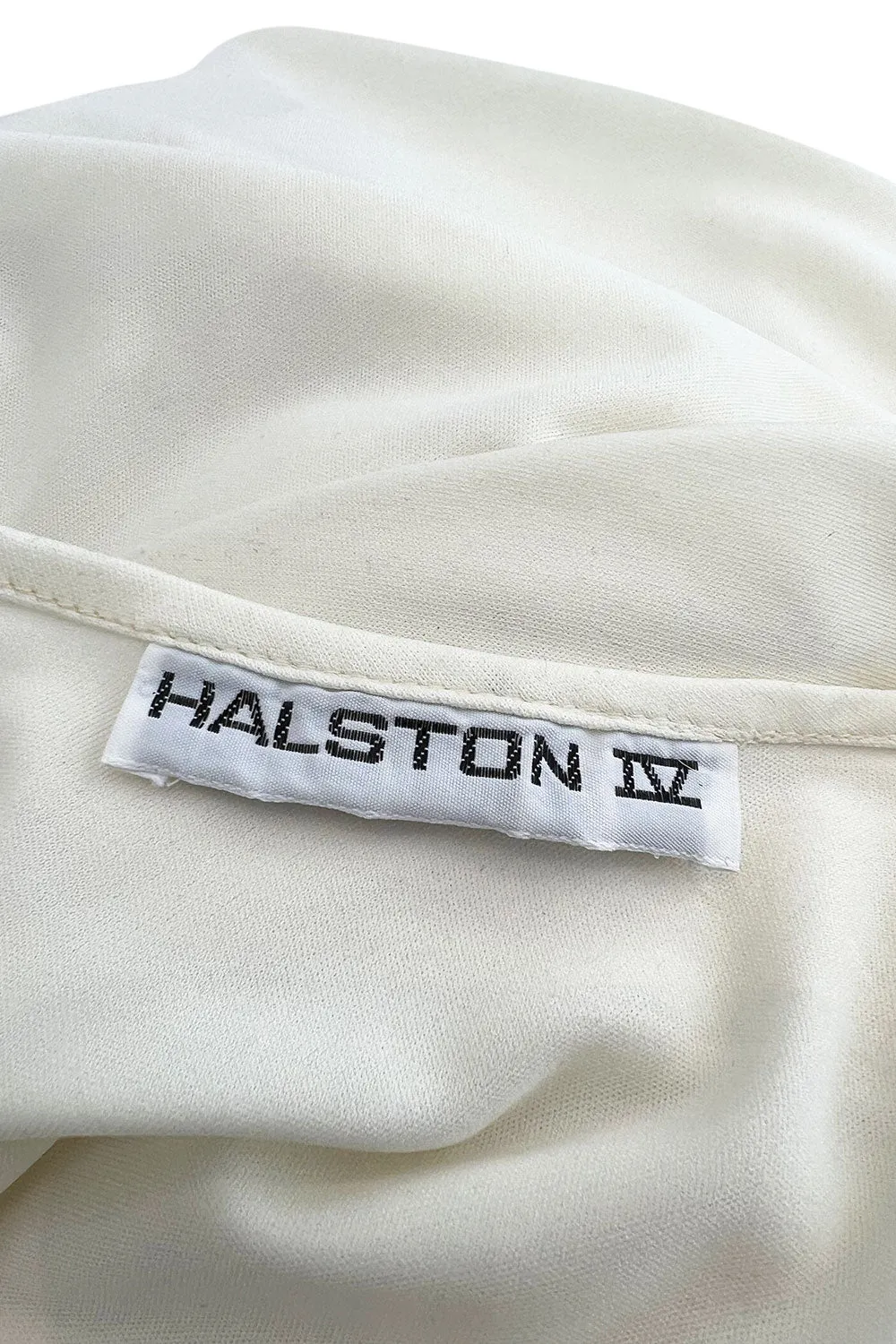 Faboulous 1970s Halston Ivory Jersey Dress W Plunged Front Full Skirt & Tie Waist