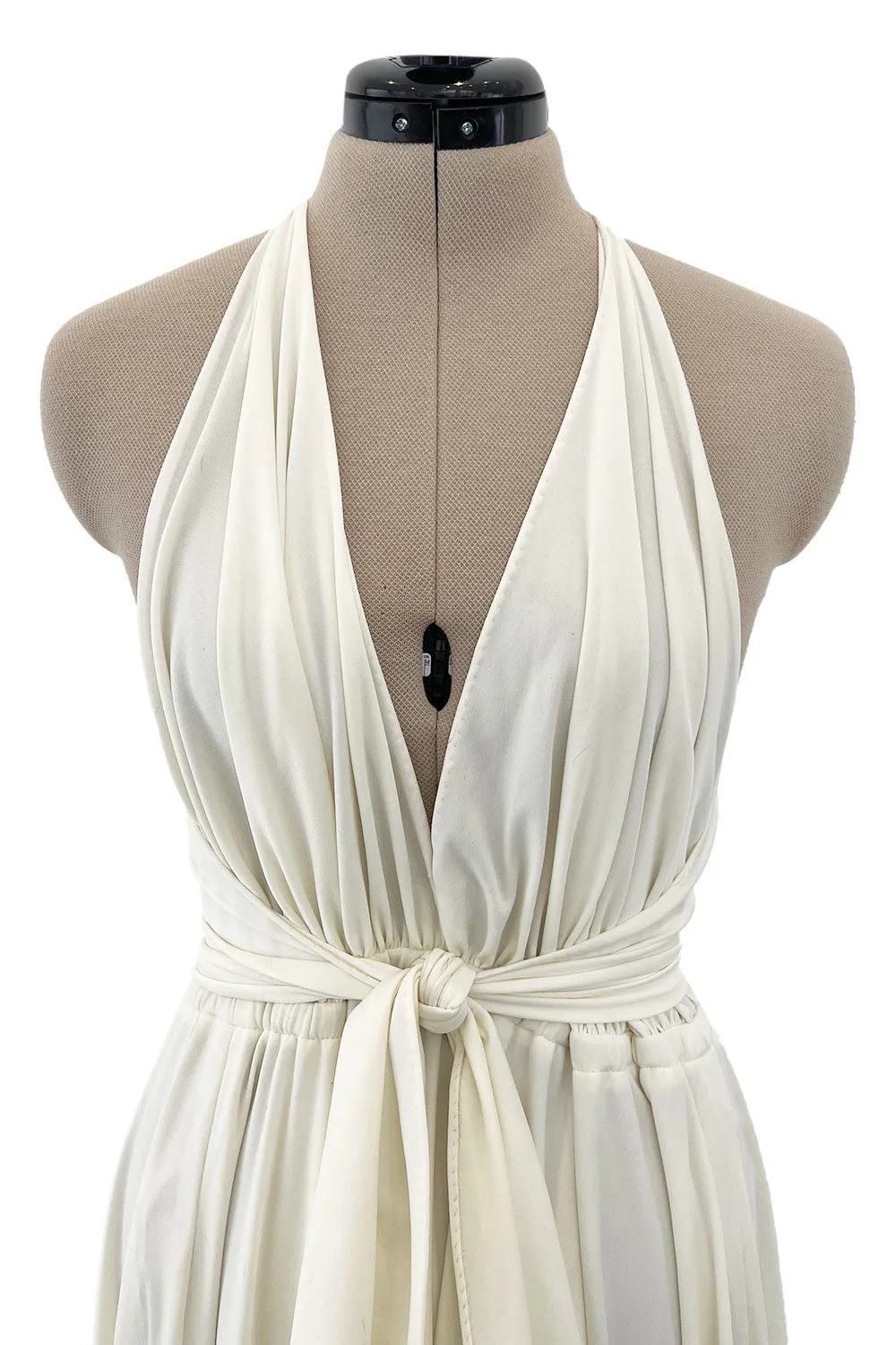 Faboulous 1970s Halston Ivory Jersey Dress W Plunged Front Full Skirt & Tie Waist