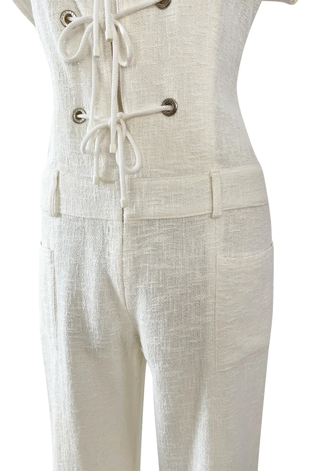 Fabulous 2007 Chanel Resort Runway Textured White Lace Front Pocket Jumpsuit