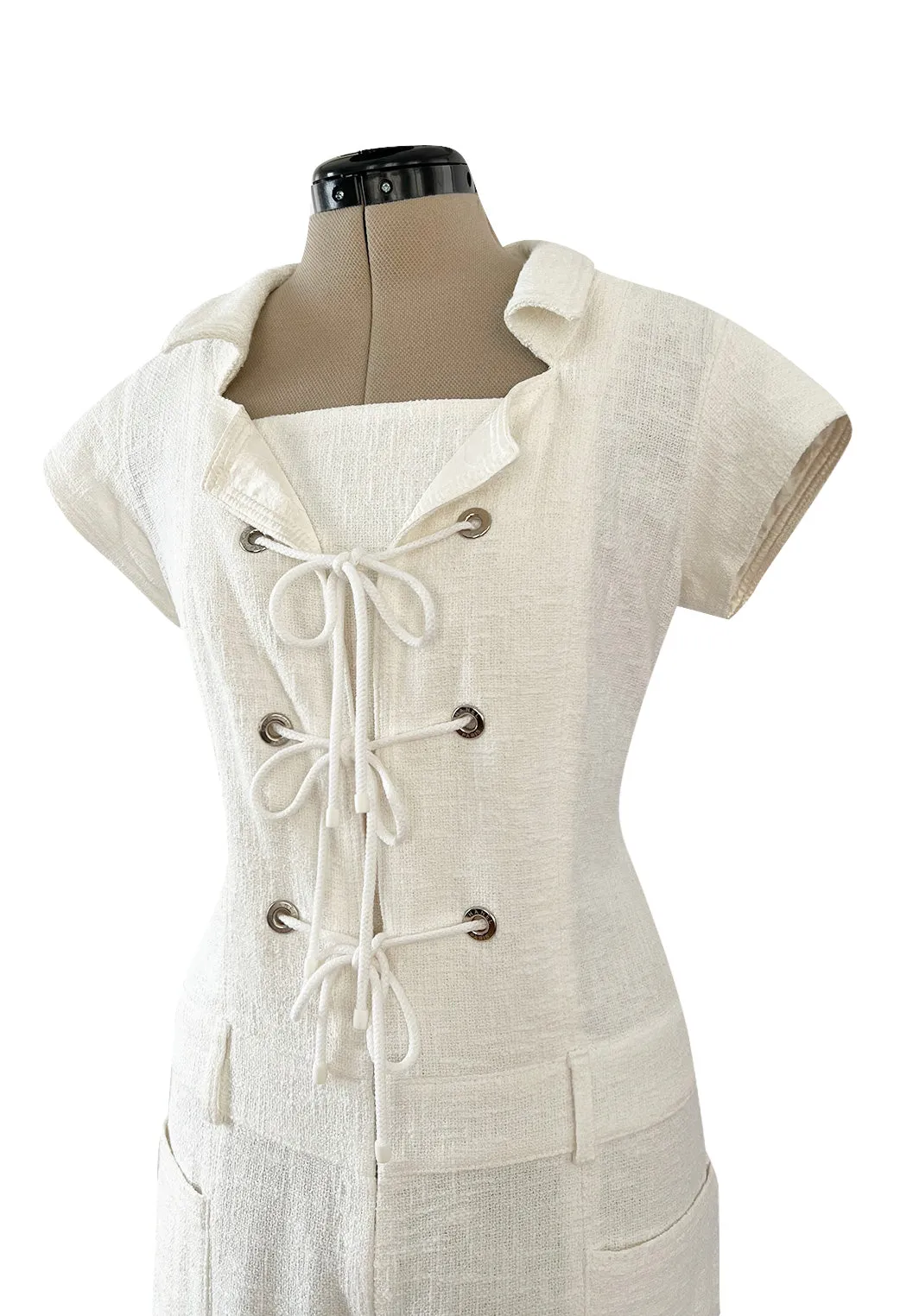 Fabulous 2007 Chanel Resort Runway Textured White Lace Front Pocket Jumpsuit