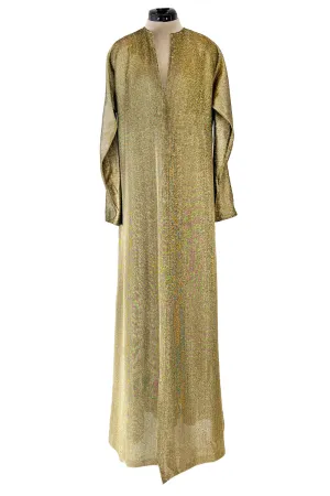 Fantastic 1970s Halston Metallic Gold Lame Lurex Full Length Caftan Dress w Notched Neckline