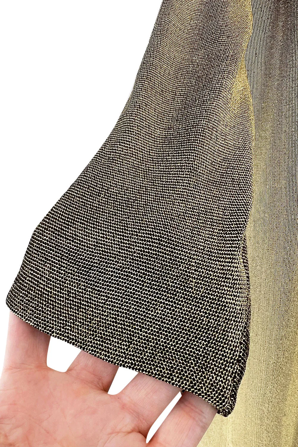 Fantastic 1970s Halston Metallic Gold Lame Lurex Full Length Caftan Dress w Notched Neckline