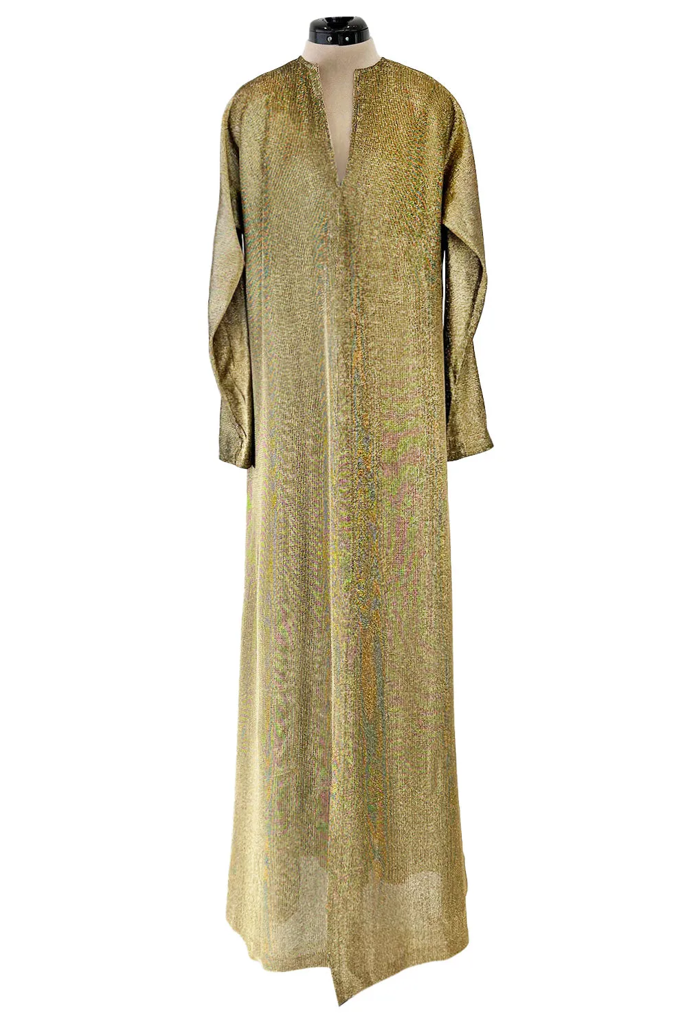 Fantastic 1970s Halston Metallic Gold Lame Lurex Full Length Caftan Dress w Notched Neckline