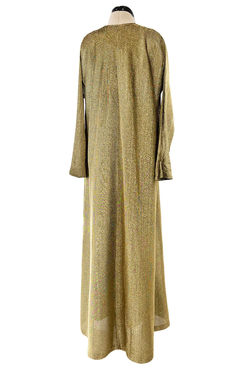 Fantastic 1970s Halston Metallic Gold Lame Lurex Full Length Caftan Dress w Notched Neckline