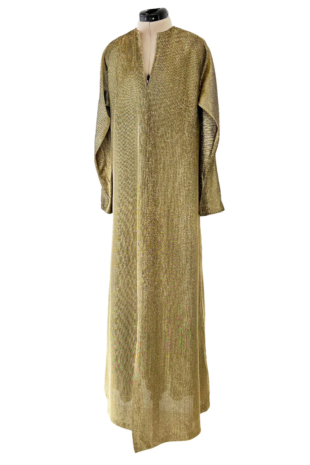 Fantastic 1970s Halston Metallic Gold Lame Lurex Full Length Caftan Dress w Notched Neckline