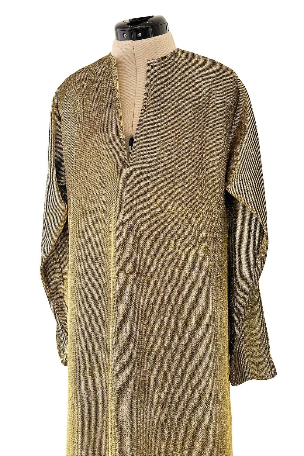 Fantastic 1970s Halston Metallic Gold Lame Lurex Full Length Caftan Dress w Notched Neckline