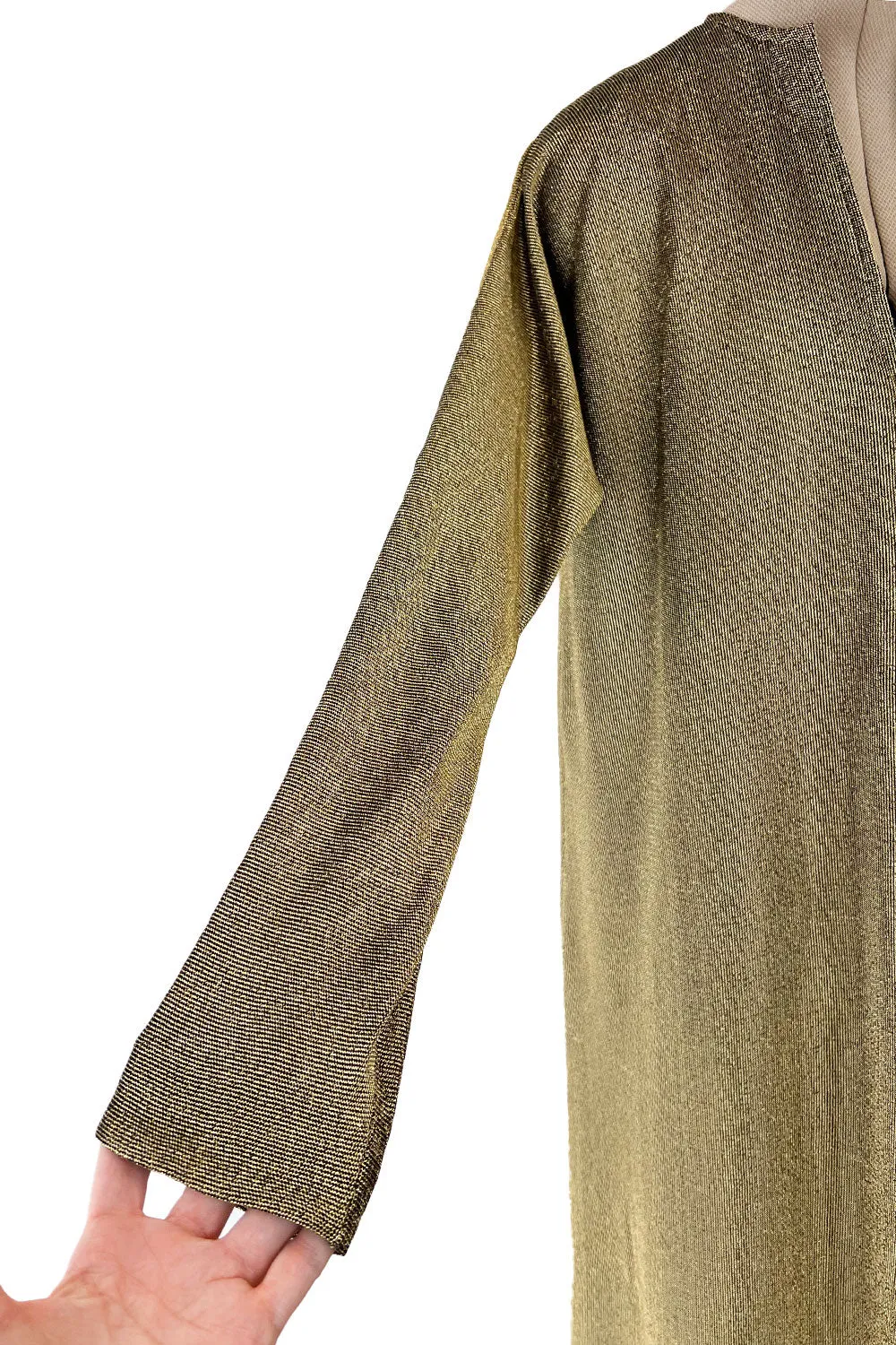 Fantastic 1970s Halston Metallic Gold Lame Lurex Full Length Caftan Dress w Notched Neckline