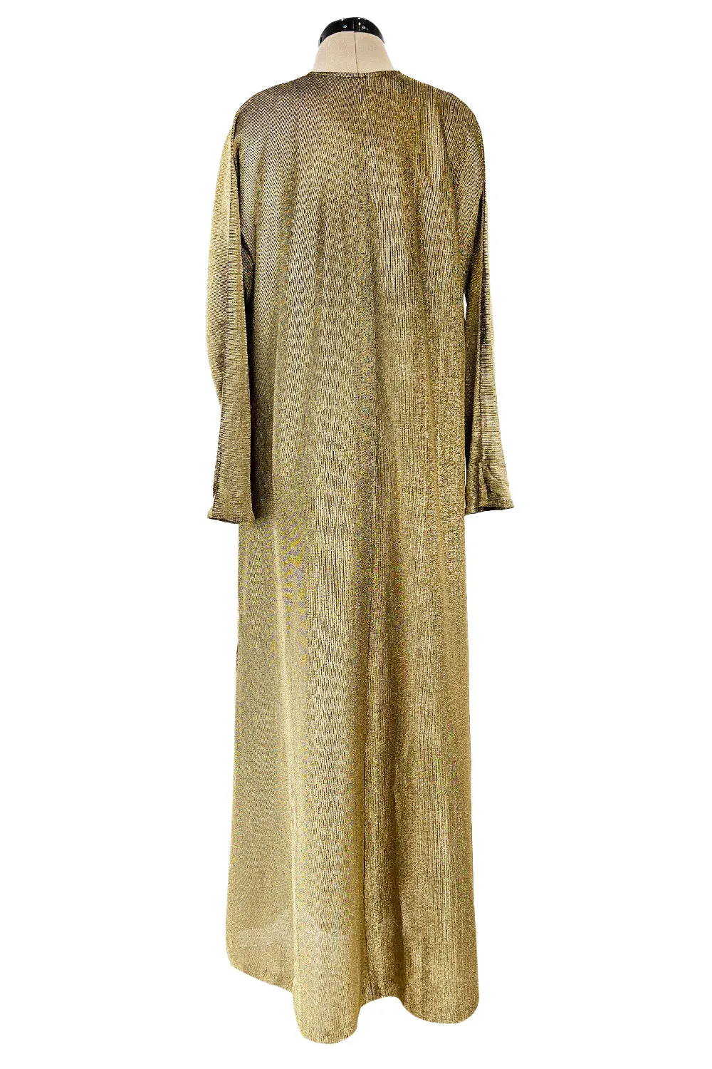 Fantastic 1970s Halston Metallic Gold Lame Lurex Full Length Caftan Dress w Notched Neckline