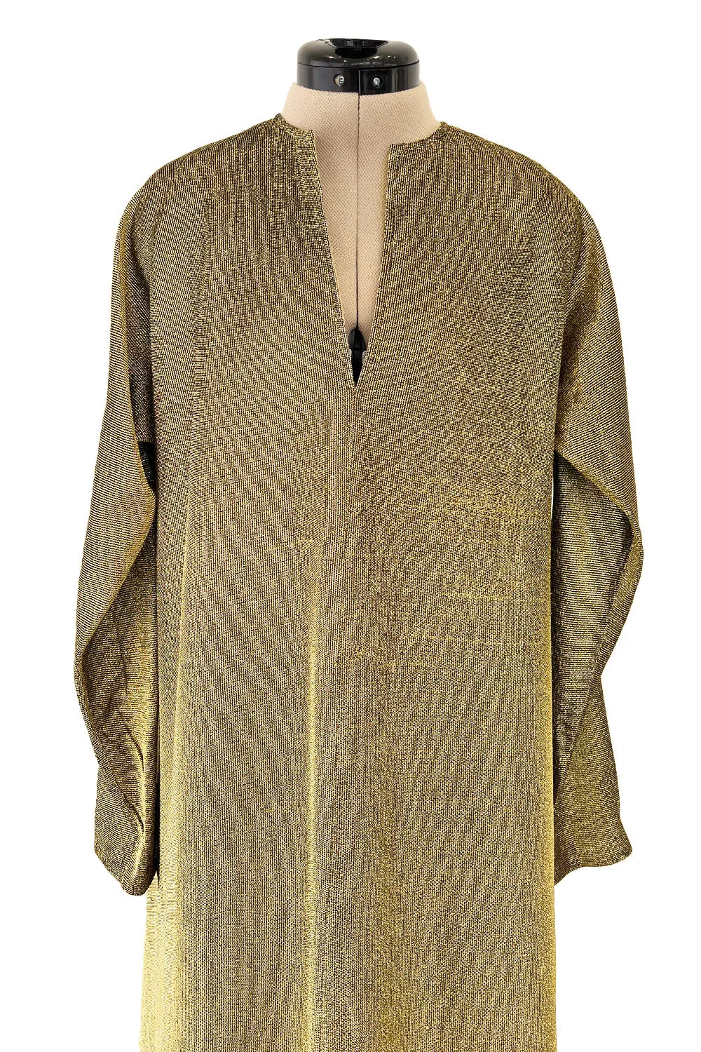Fantastic 1970s Halston Metallic Gold Lame Lurex Full Length Caftan Dress w Notched Neckline