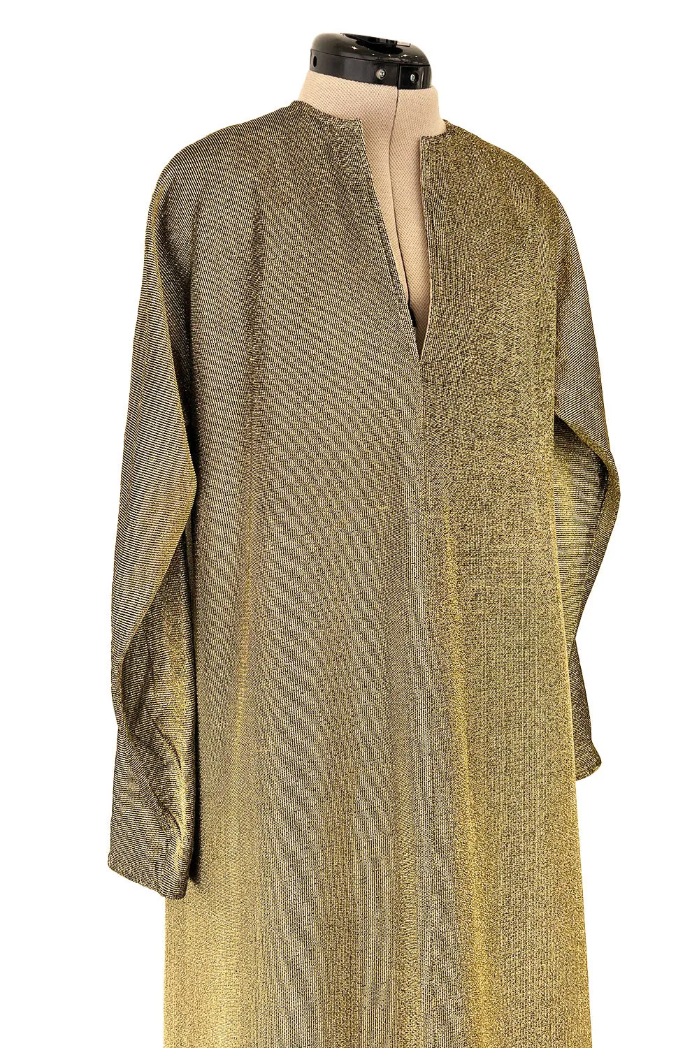 Fantastic 1970s Halston Metallic Gold Lame Lurex Full Length Caftan Dress w Notched Neckline