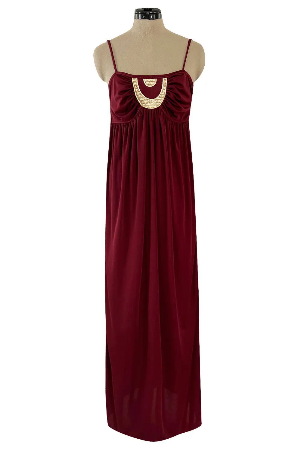 Fantastic 1980s Bill Tice Burgundy Jersey Halter Dress w Metallic Gold Inset