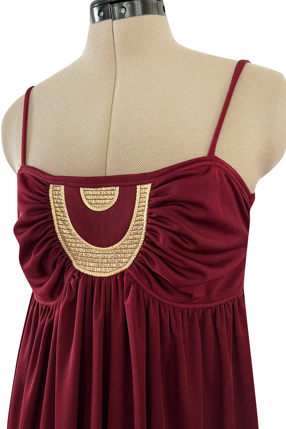 Fantastic 1980s Bill Tice Burgundy Jersey Halter Dress w Metallic Gold Inset