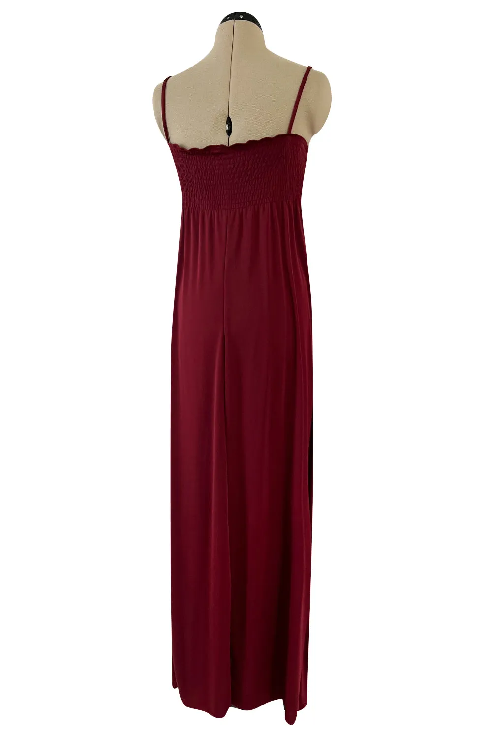 Fantastic 1980s Bill Tice Burgundy Jersey Halter Dress w Metallic Gold Inset