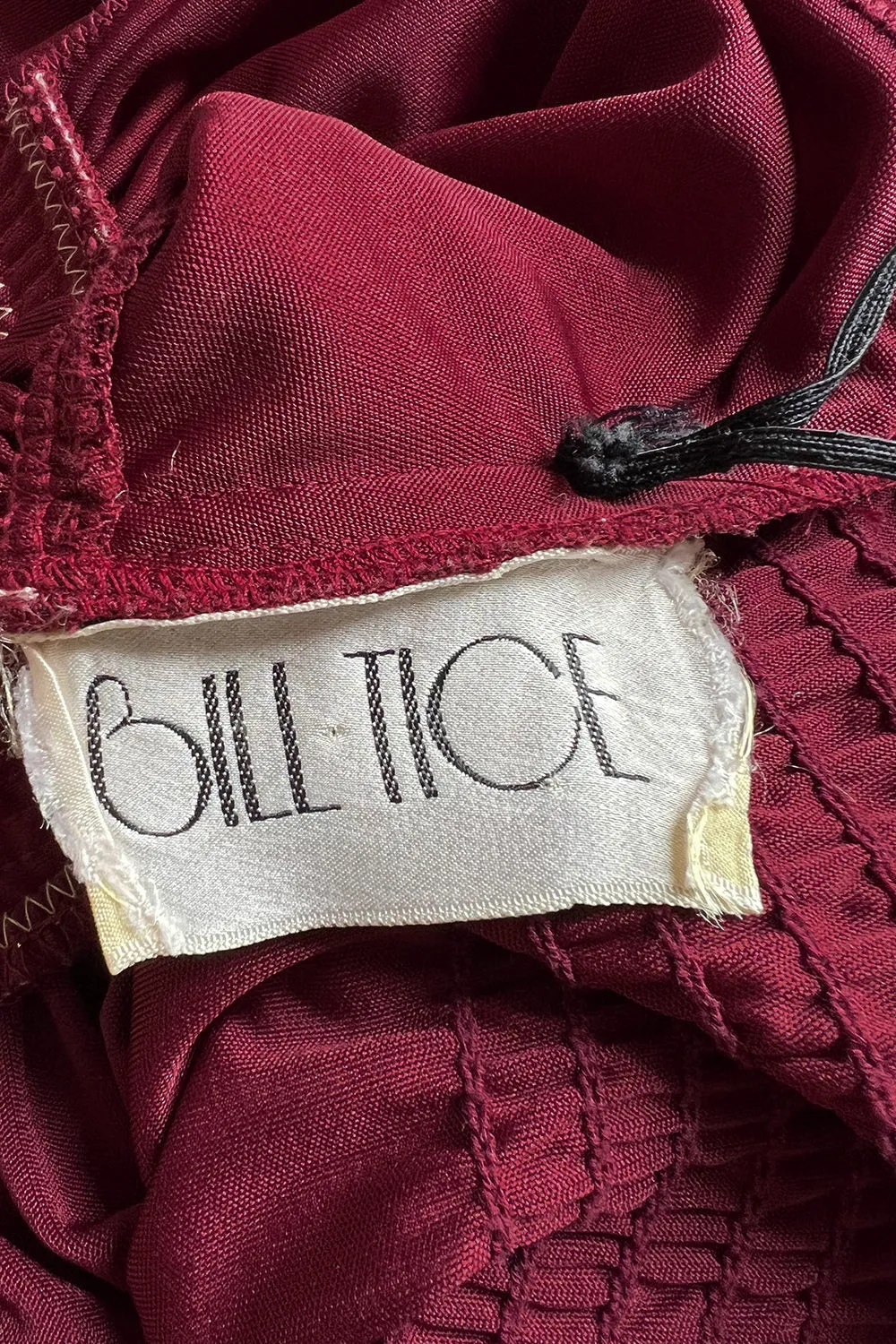 Fantastic 1980s Bill Tice Burgundy Jersey Halter Dress w Metallic Gold Inset