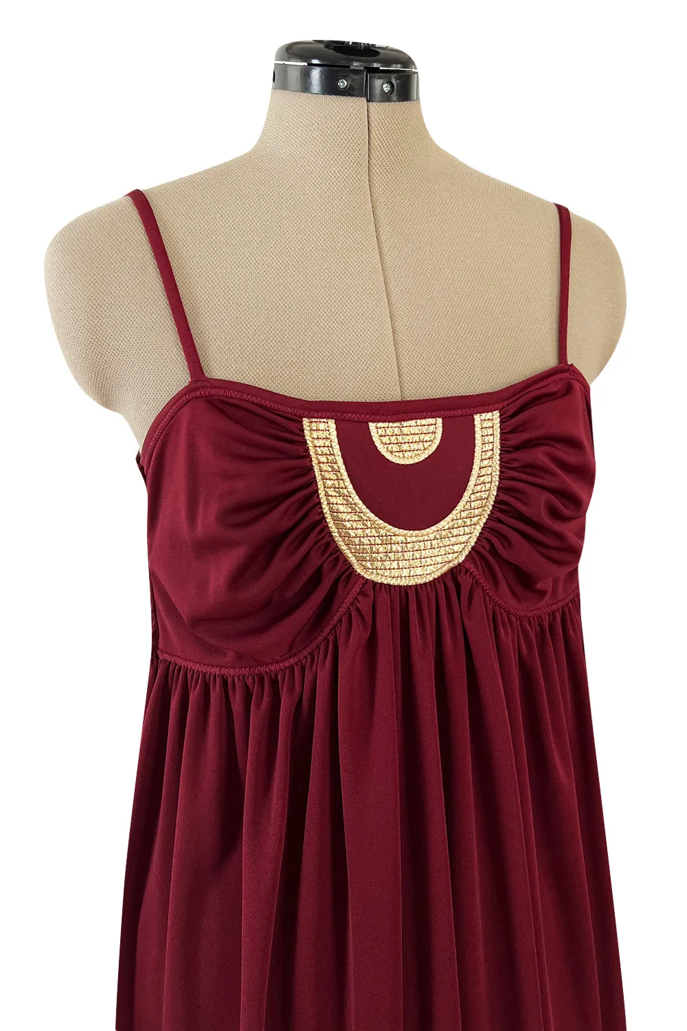 Fantastic 1980s Bill Tice Burgundy Jersey Halter Dress w Metallic Gold Inset