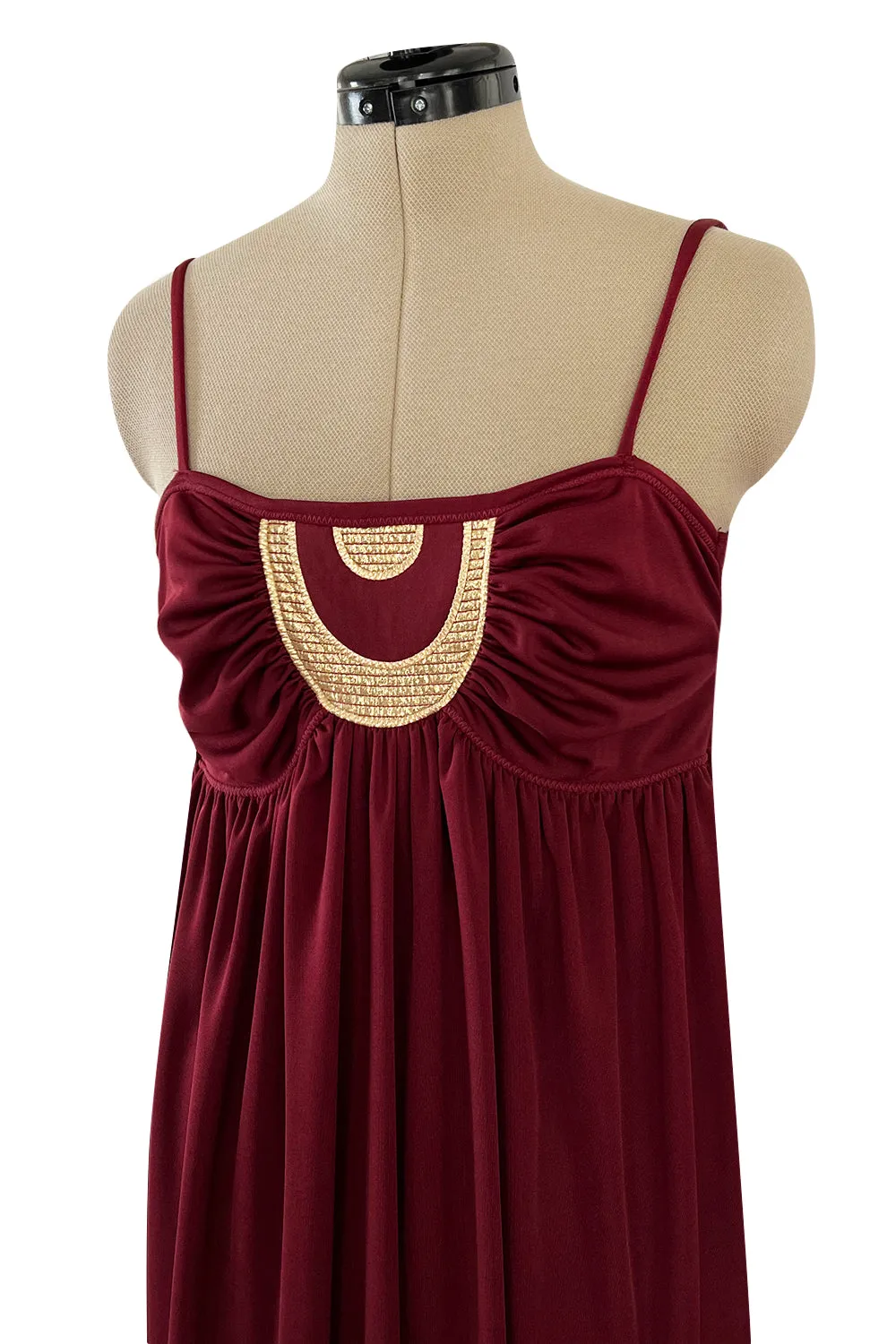 Fantastic 1980s Bill Tice Burgundy Jersey Halter Dress w Metallic Gold Inset