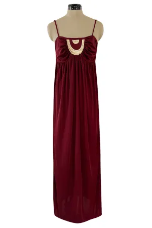 Fantastic 1980s Bill Tice Burgundy Jersey Halter Dress w Metallic Gold Inset
