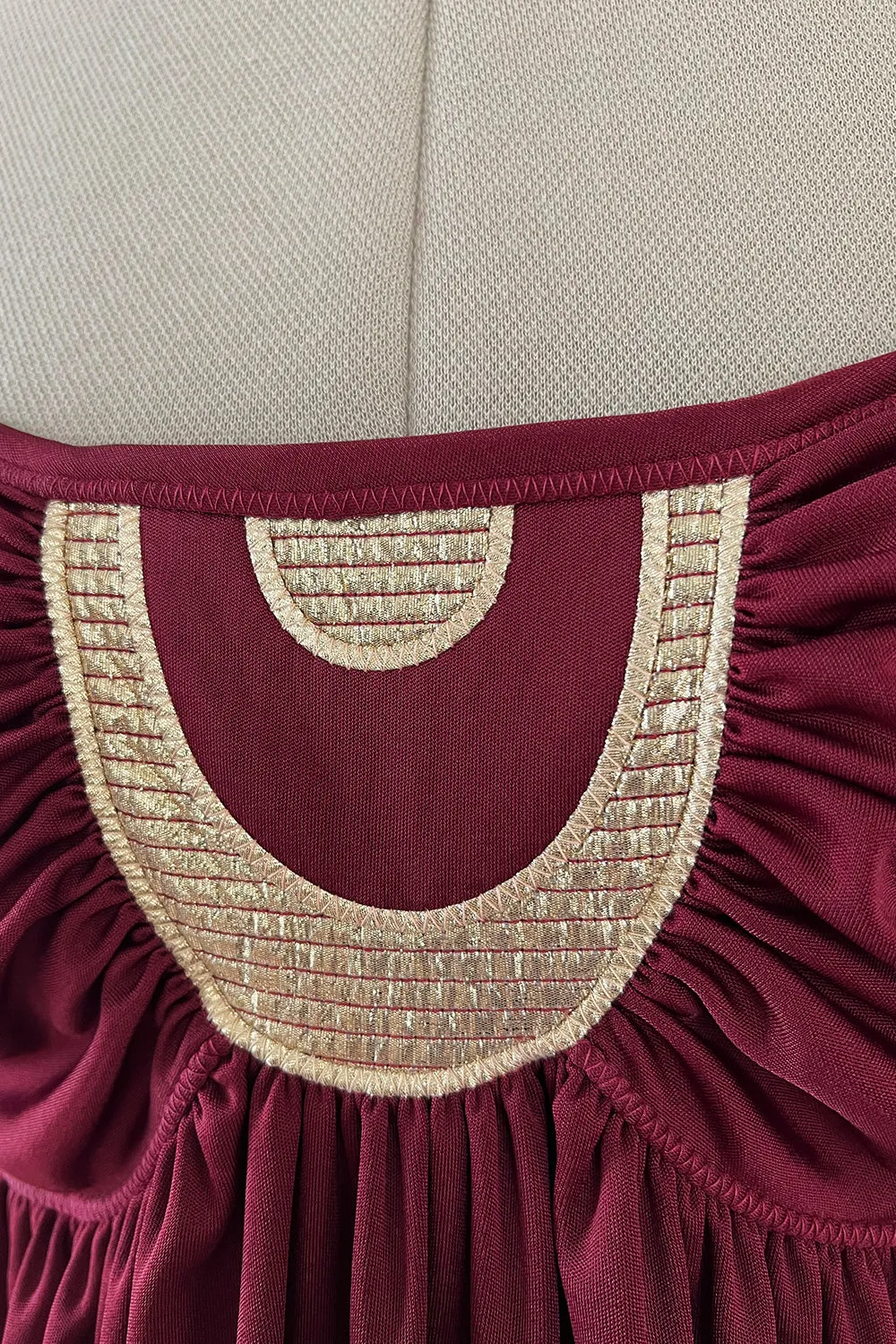 Fantastic 1980s Bill Tice Burgundy Jersey Halter Dress w Metallic Gold Inset