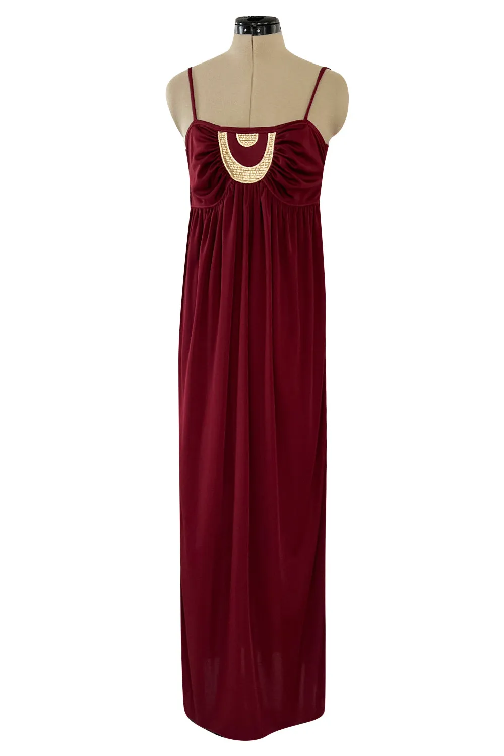 Fantastic 1980s Bill Tice Burgundy Jersey Halter Dress w Metallic Gold Inset