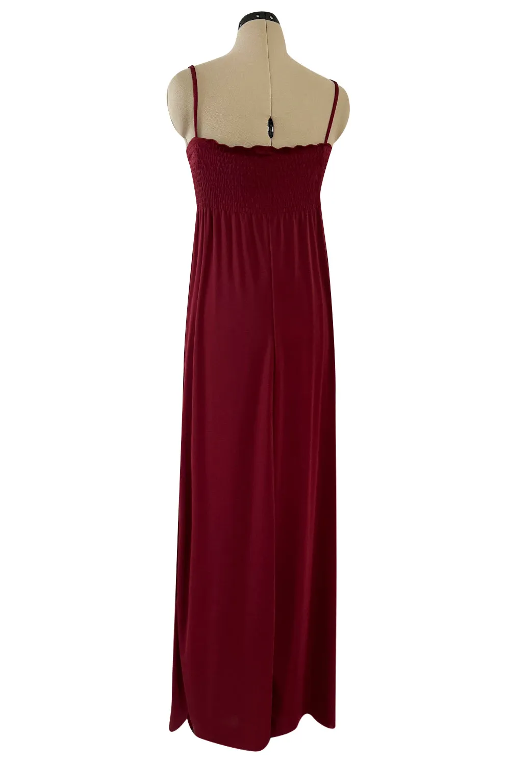 Fantastic 1980s Bill Tice Burgundy Jersey Halter Dress w Metallic Gold Inset
