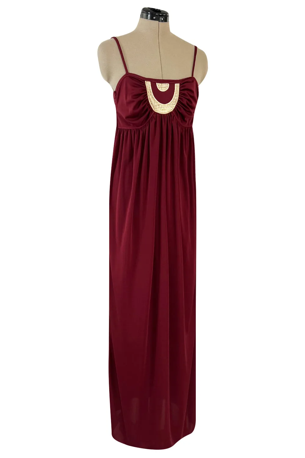Fantastic 1980s Bill Tice Burgundy Jersey Halter Dress w Metallic Gold Inset