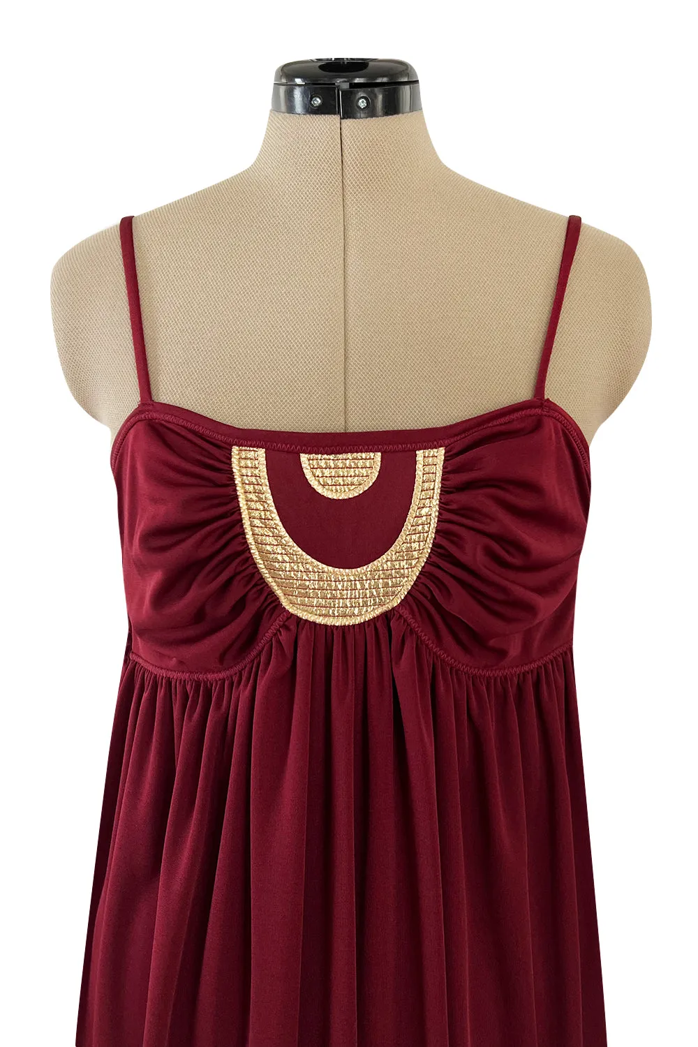 Fantastic 1980s Bill Tice Burgundy Jersey Halter Dress w Metallic Gold Inset
