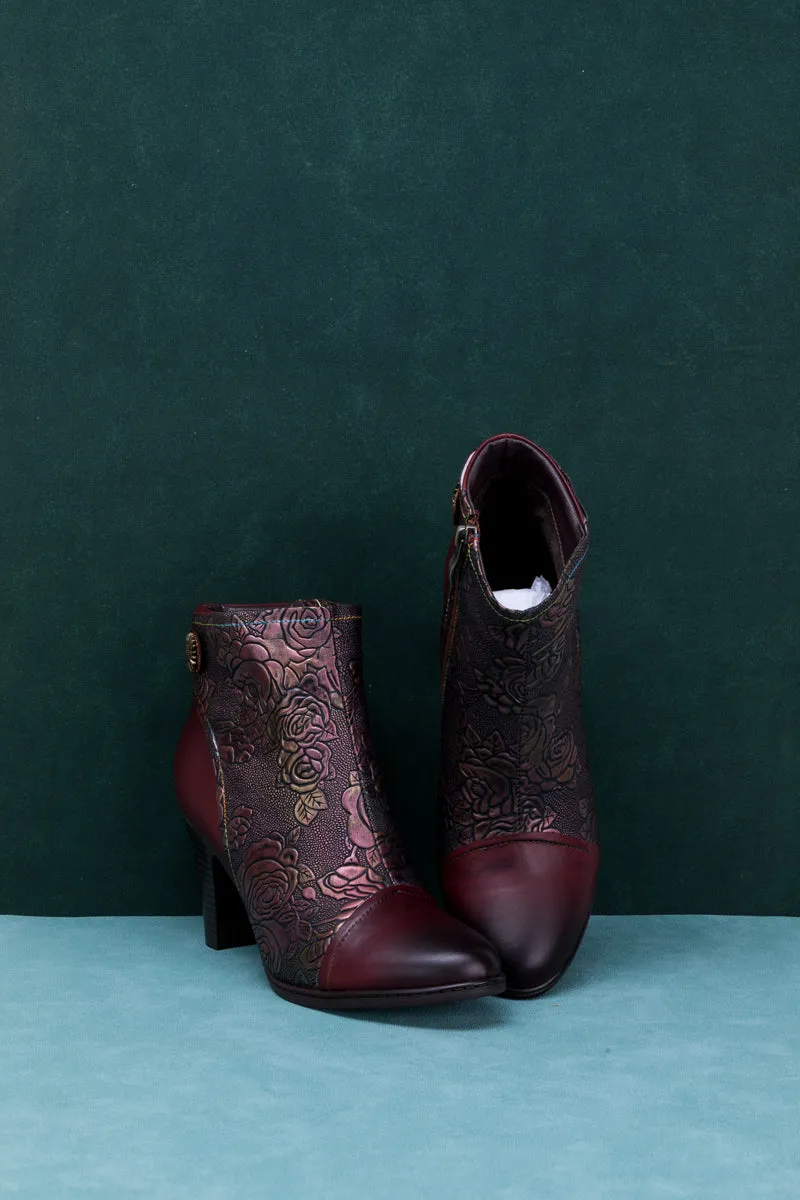 Floral Embossed Metallic Leather Ankle Boot - Claret