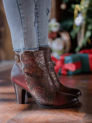 Floral Embossed Metallic Leather Ankle Boot - Claret