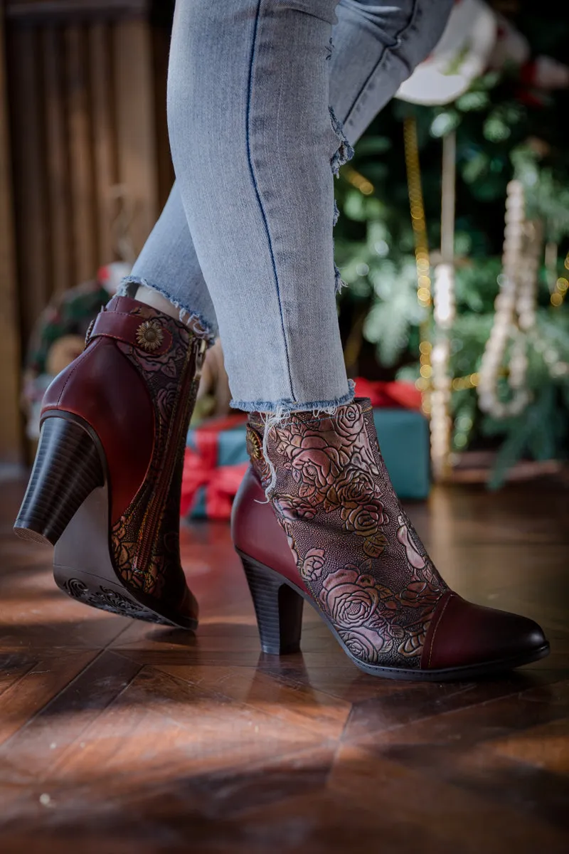 Floral Embossed Metallic Leather Ankle Boot - Claret