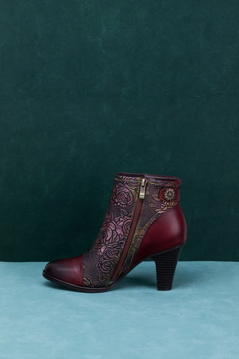 Floral Embossed Metallic Leather Ankle Boot - Claret
