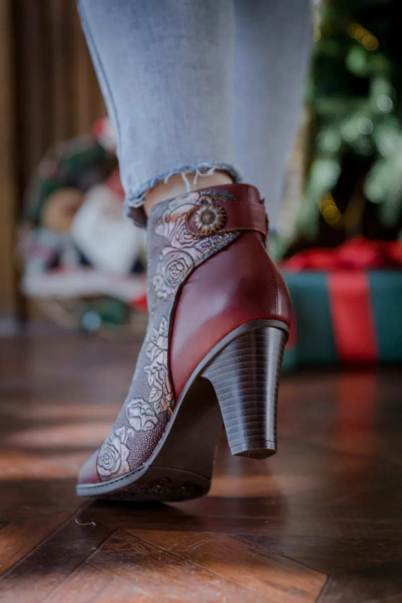 Floral Embossed Metallic Leather Ankle Boot - Claret