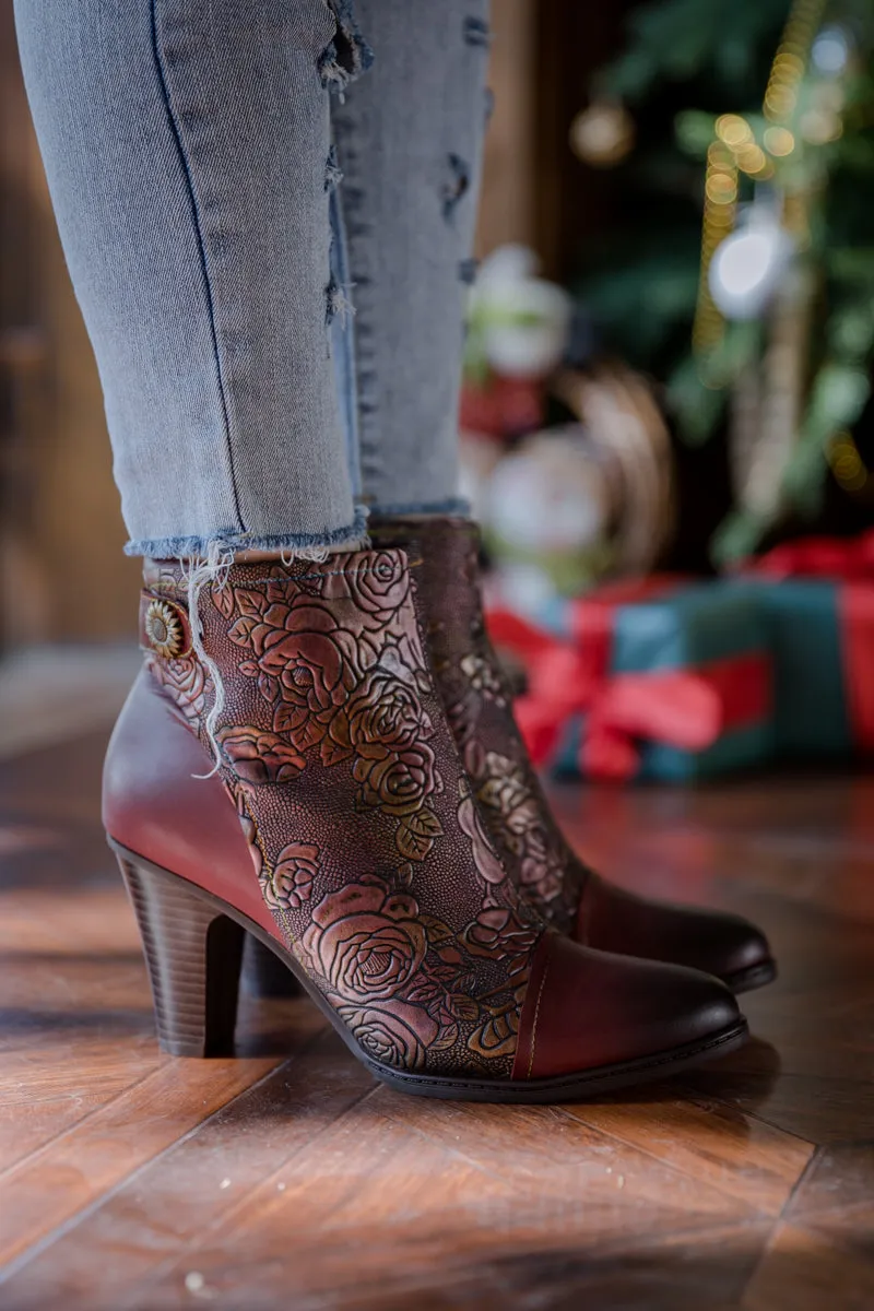 Floral Embossed Metallic Leather Ankle Boot - Claret