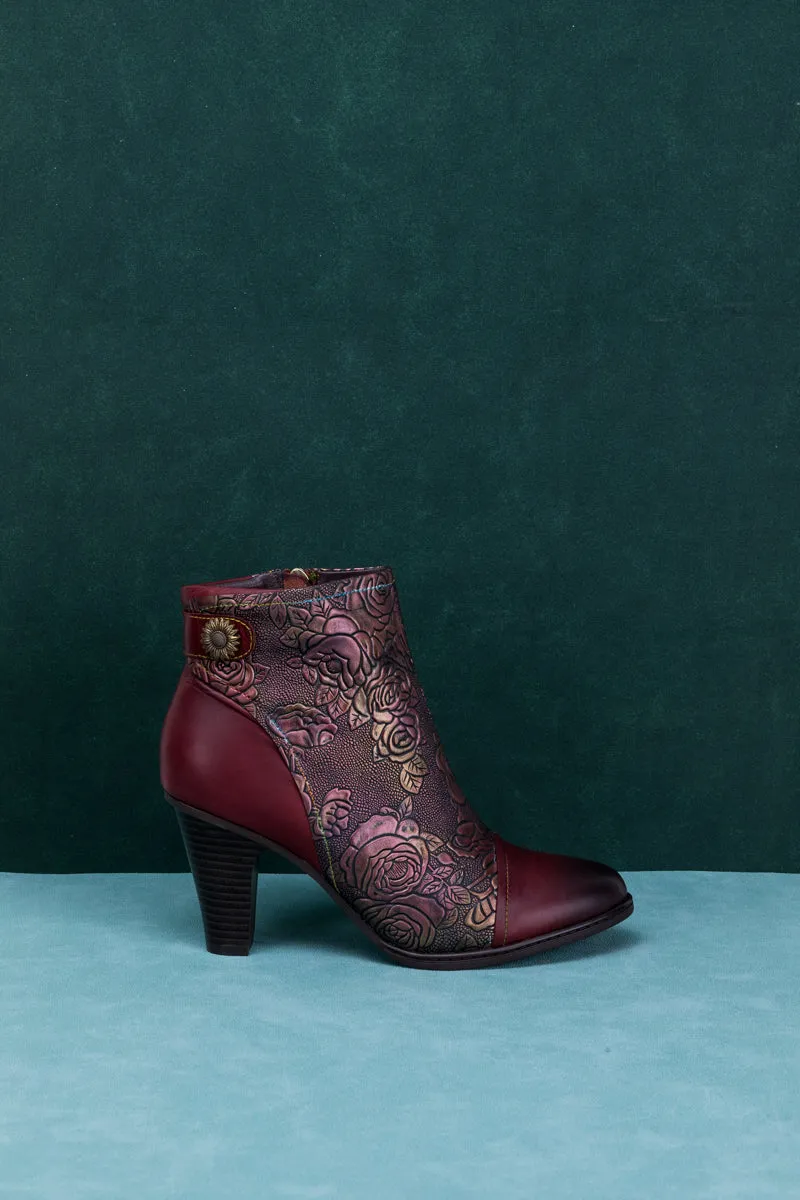 Floral Embossed Metallic Leather Ankle Boot - Claret