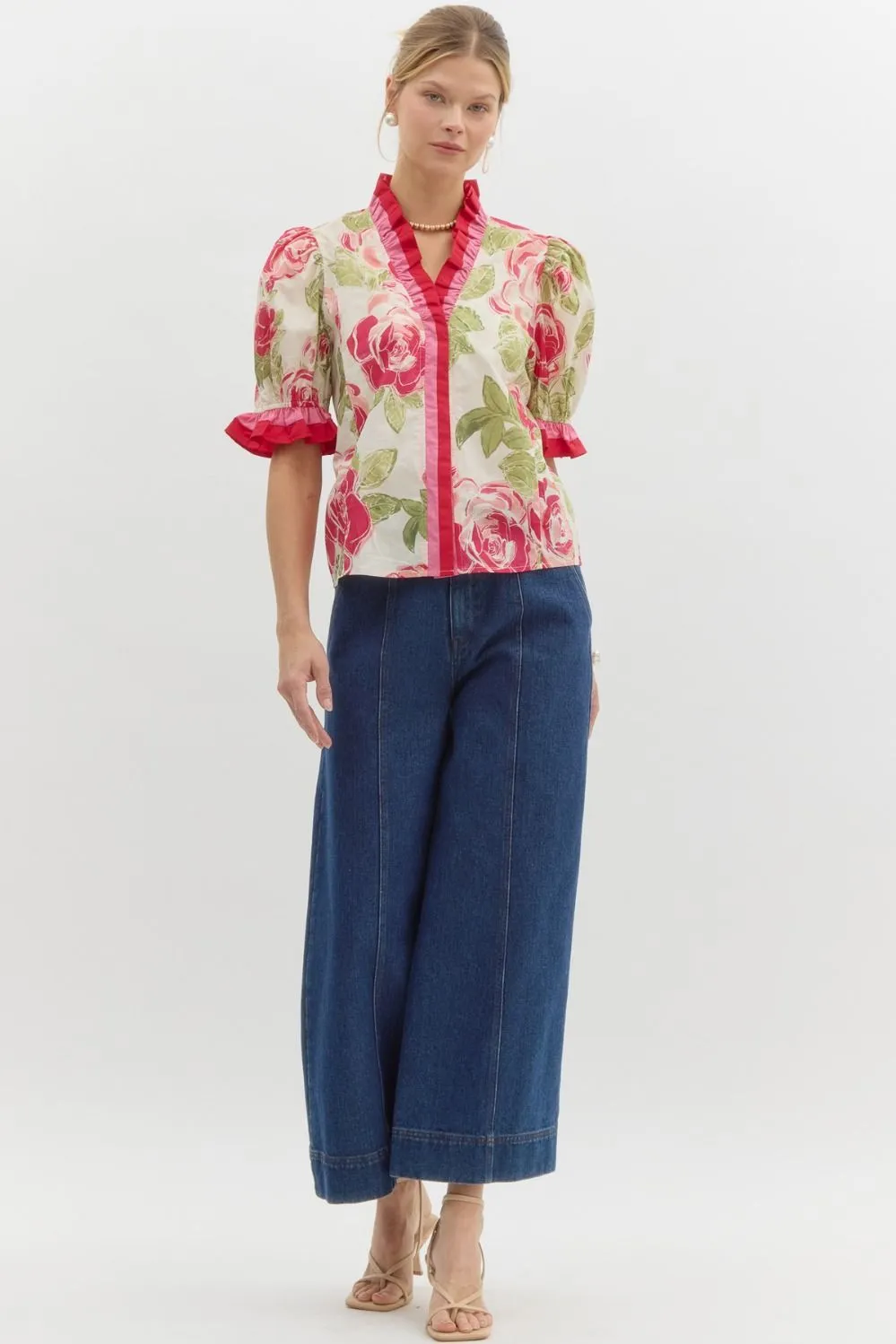 Floral Print Elasticated Short Puff Sleeve Pullover Top