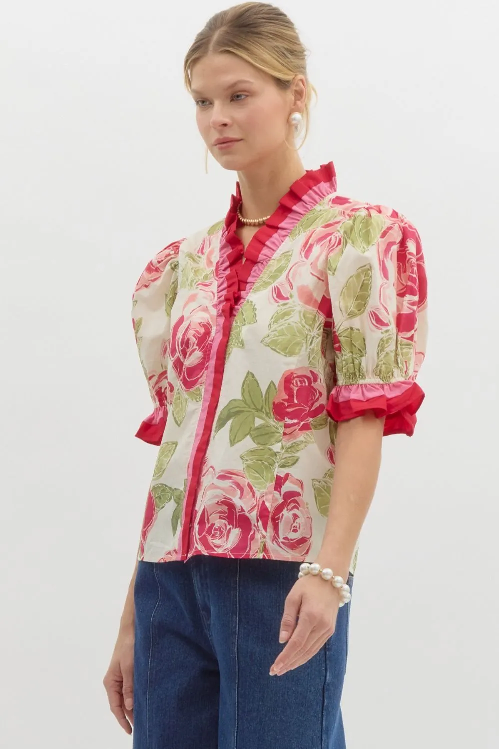 Floral Print Elasticated Short Puff Sleeve Pullover Top