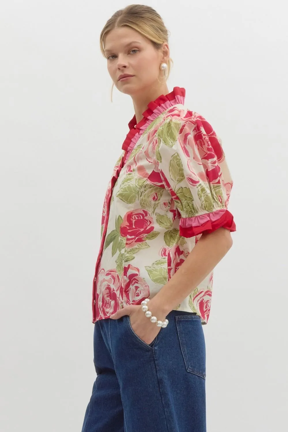 Floral Print Elasticated Short Puff Sleeve Pullover Top
