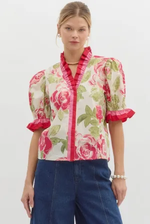 Floral Print Elasticated Short Puff Sleeve Pullover Top