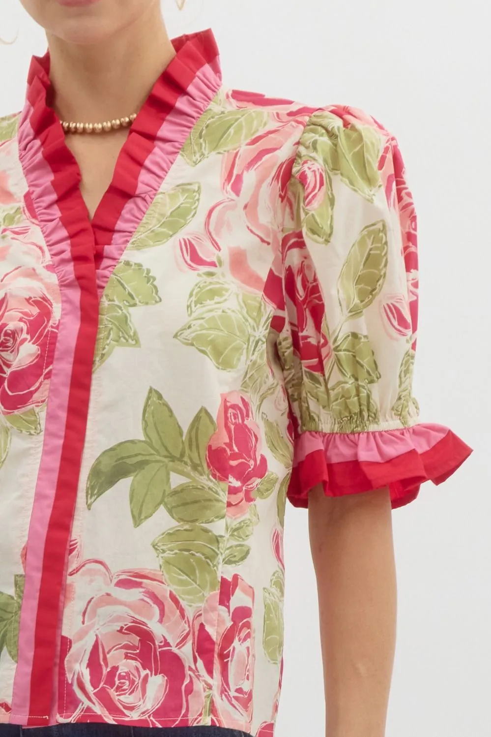 Floral Print Elasticated Short Puff Sleeve Pullover Top