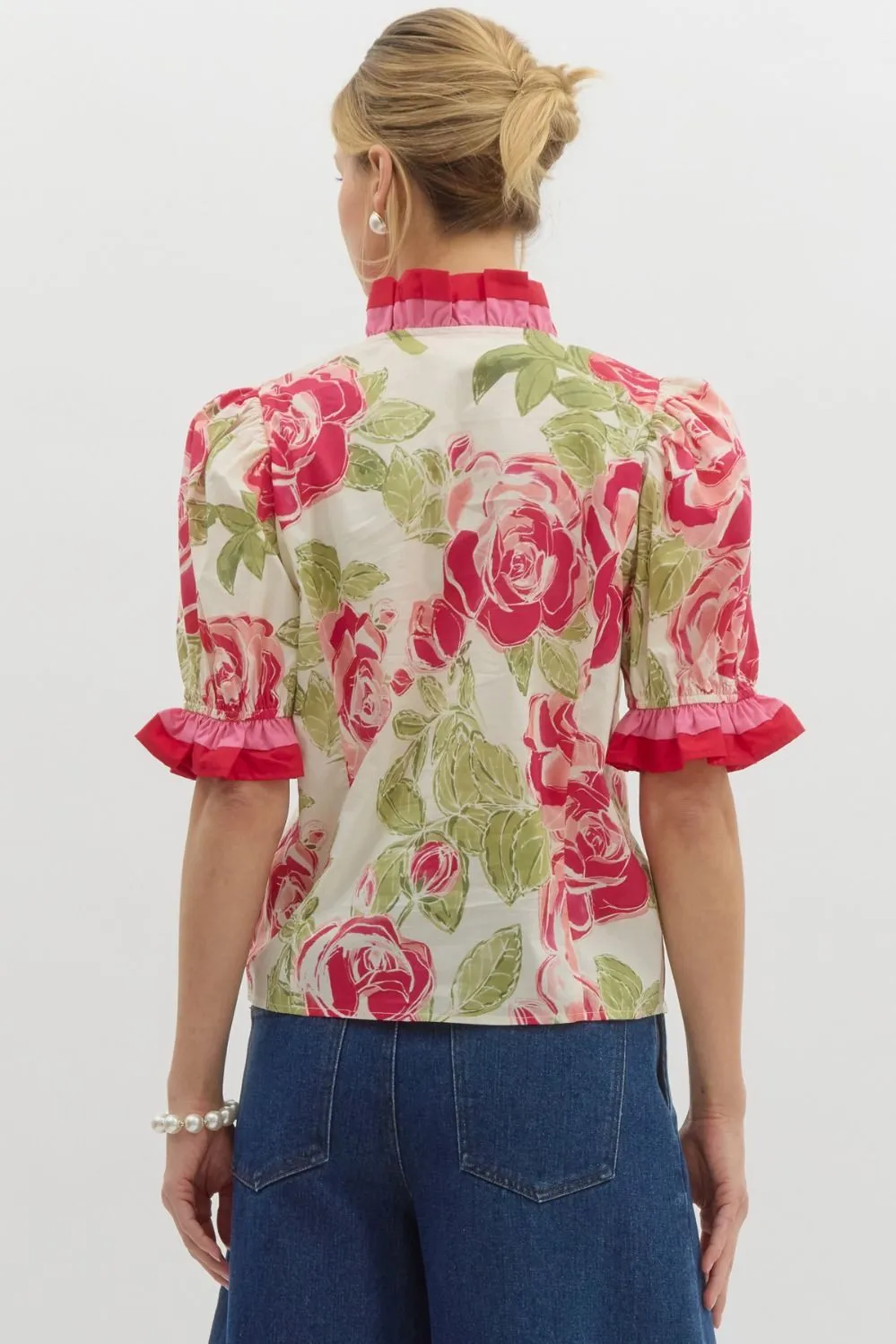 Floral Print Elasticated Short Puff Sleeve Pullover Top