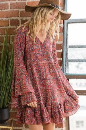 Floral Print Ruffle Sleeves Midi Dress