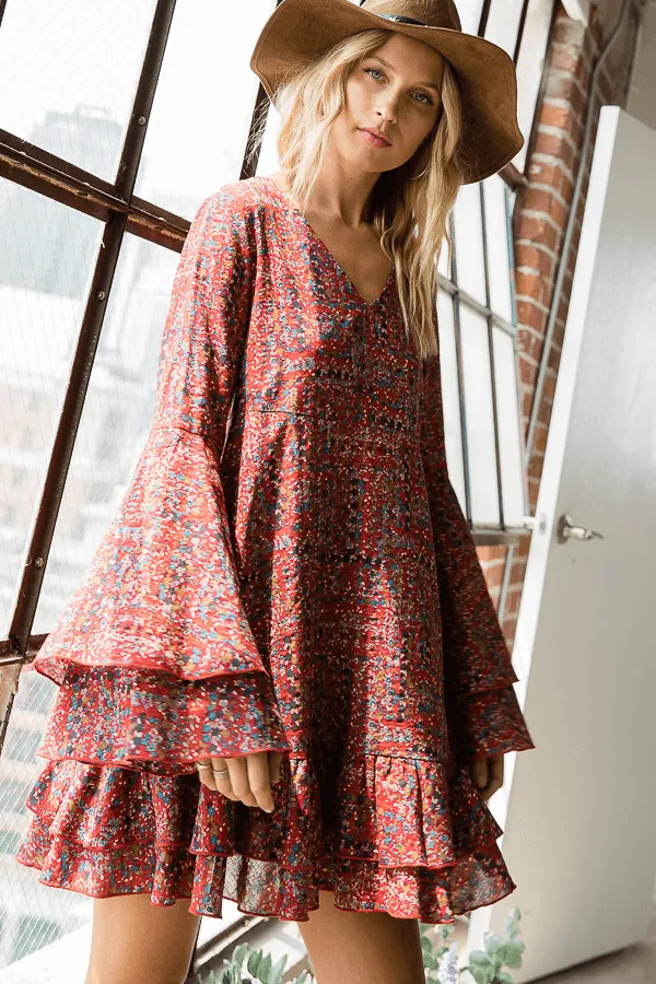 Floral Print Ruffle Sleeves Midi Dress
